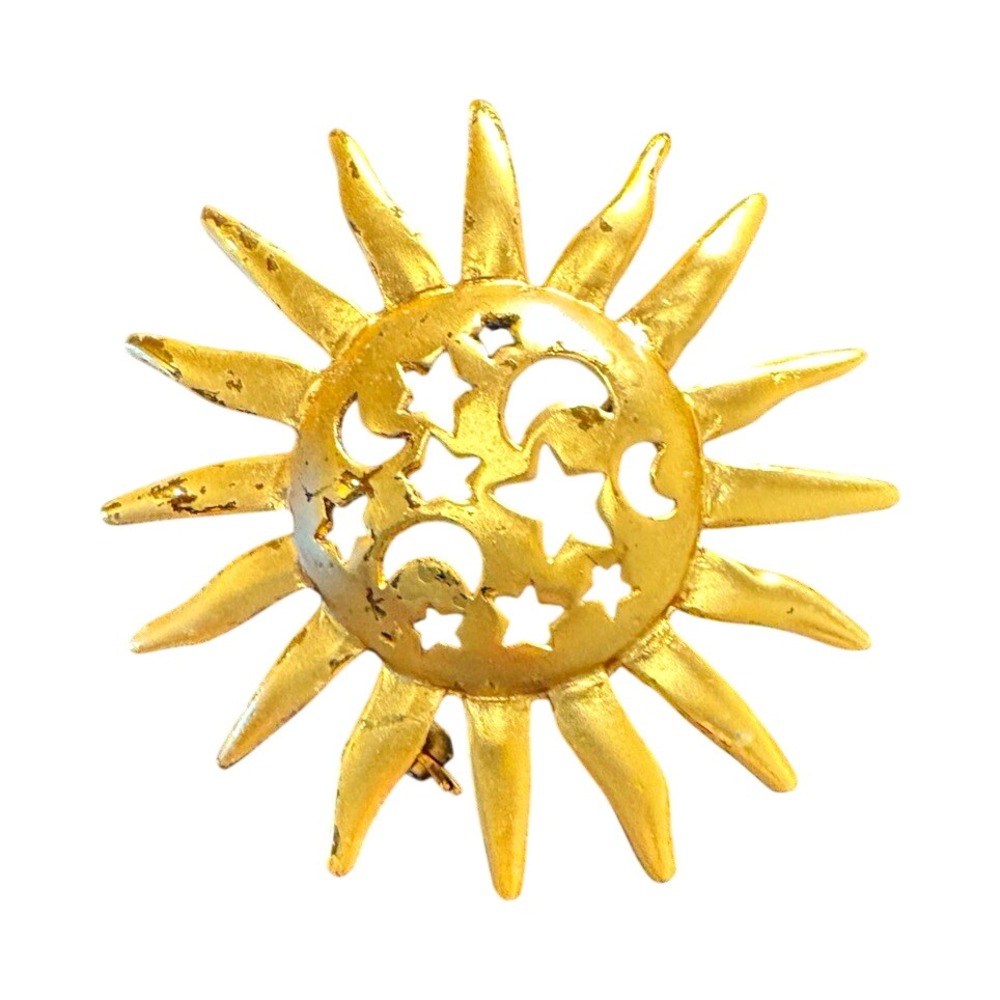 Vintage Gold Tone Celestial Sun Cutout Brooch Pin Moon & Stars Metal 2 in